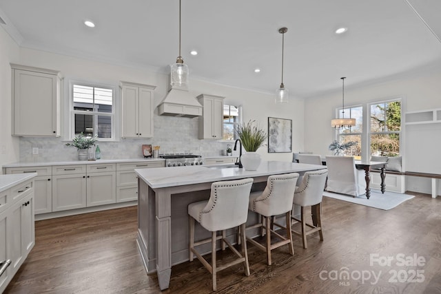 kitchen featuring dark wood-style floors, a center island with sink, custom range hood, range, and tasteful backsplash