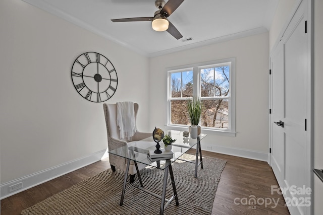 office space featuring dark wood-style floors, baseboards, and ornamental molding