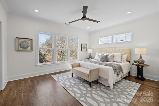 bedroom with visible vents, ceiling fan, baseboards, recessed lighting, and wood finished floors