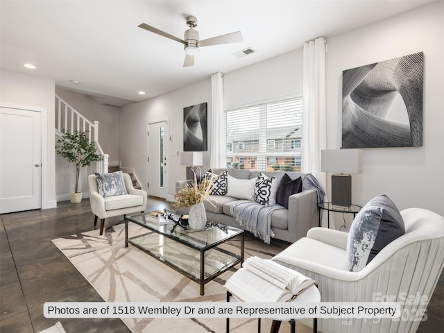 living room with ceiling fan