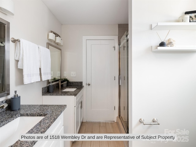 bathroom featuring vanity and a shower with shower door