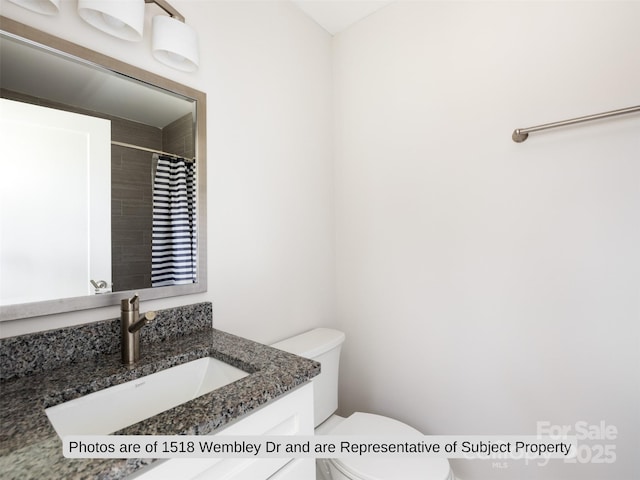 bathroom featuring vanity, a shower with shower curtain, and toilet