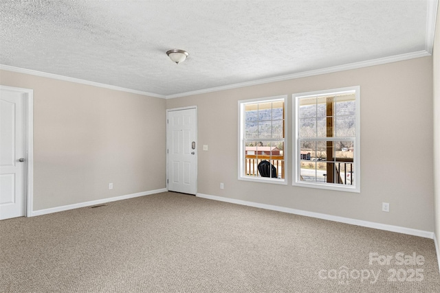 unfurnished room featuring carpet floors, ornamental molding, and a textured ceiling