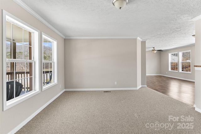 unfurnished room with ornamental molding, carpet, ceiling fan, and a textured ceiling