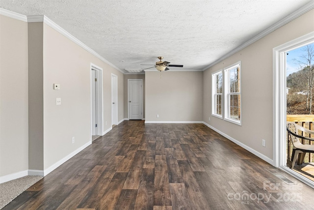 spare room with crown molding, ceiling fan, a textured ceiling, and dark hardwood / wood-style flooring