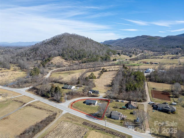 birds eye view of property featuring a mountain view and a rural view