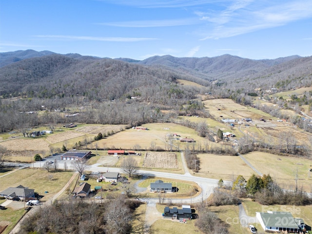 bird's eye view featuring a mountain view and a rural view