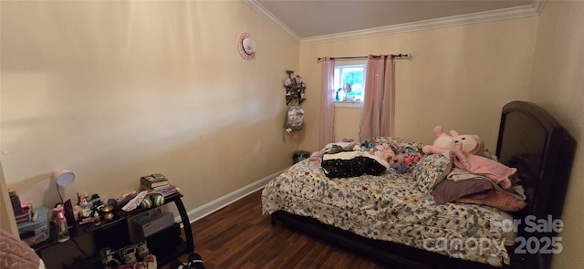 bedroom with ornamental molding, dark wood-type flooring, and baseboards