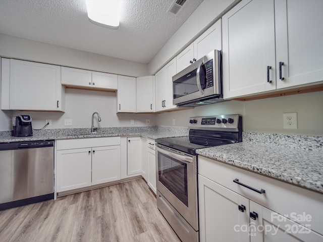 kitchen featuring stainless steel appliances, sink, white cabinets, and light wood-type flooring