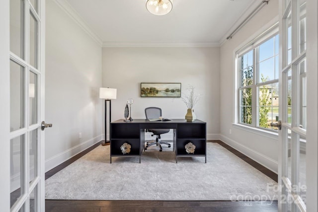 office area featuring ornamental molding, french doors, baseboards, and wood finished floors