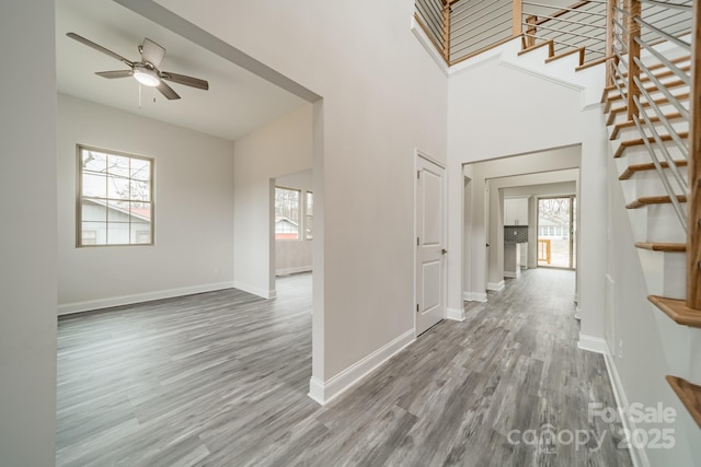 foyer entrance featuring hardwood / wood-style flooring, a wealth of natural light, and ceiling fan