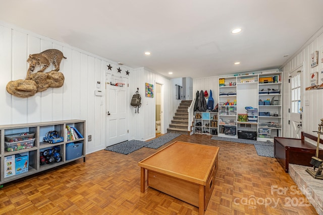 living room with parquet floors