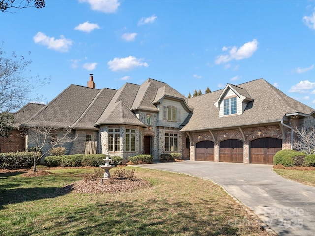 french country style house with driveway, a garage, stone siding, roof with shingles, and a front lawn