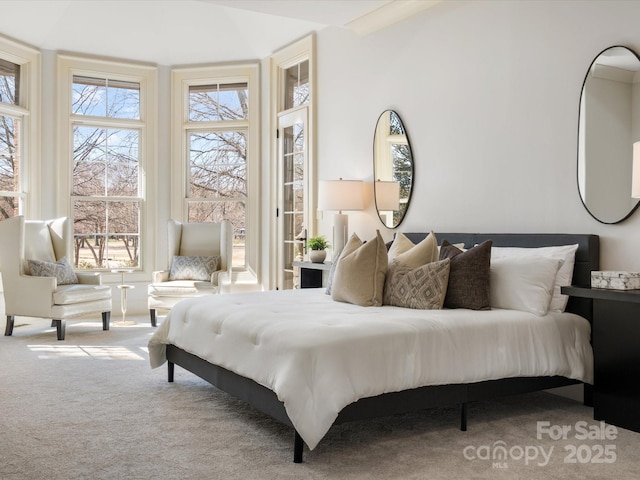 bedroom with carpet floors and lofted ceiling