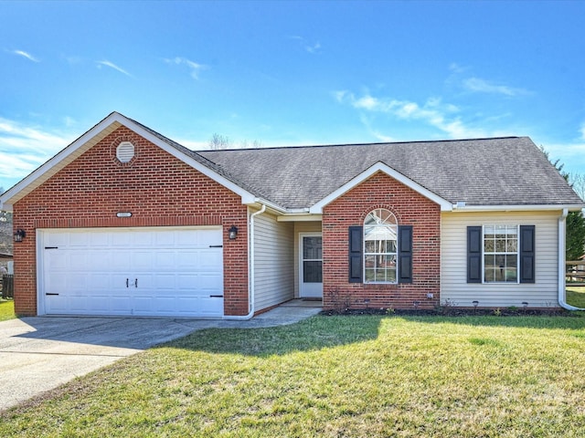 single story home with a front yard and a garage