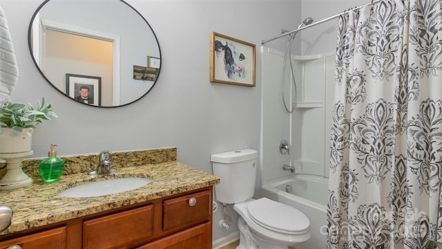 full bathroom featuring vanity, toilet, and shower / bathtub combination with curtain