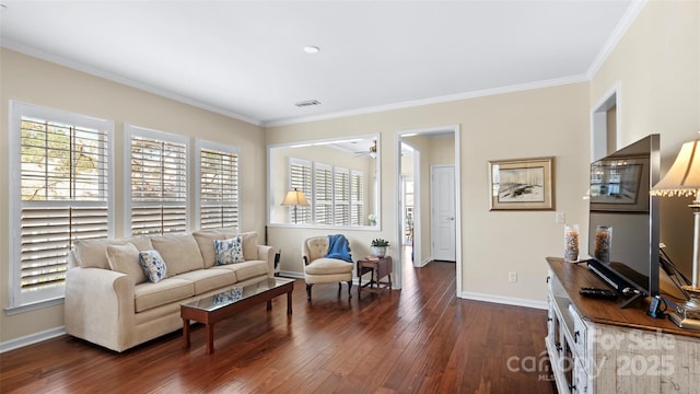 living room featuring visible vents, baseboards, dark wood-style flooring, a ceiling fan, and crown molding
