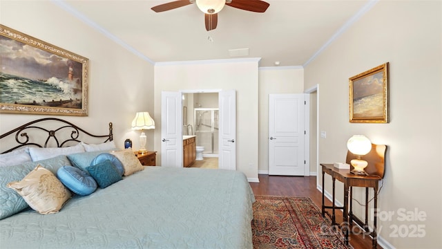 bedroom with baseboards, ornamental molding, a ceiling fan, connected bathroom, and wood finished floors