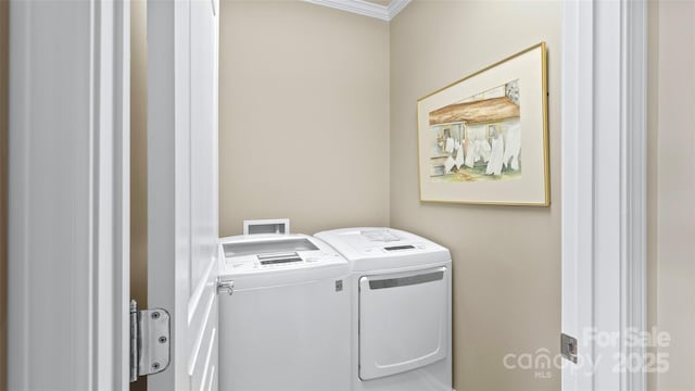 clothes washing area with washer and dryer, laundry area, and crown molding