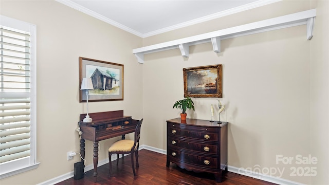 sitting room with crown molding, baseboards, and dark wood finished floors