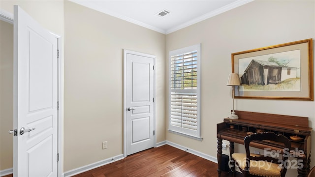 sitting room featuring ornamental molding, visible vents, baseboards, and dark wood-style flooring
