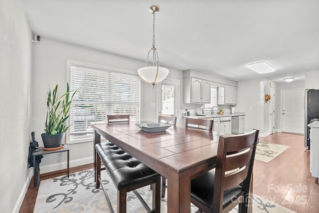 dining space with sink and light wood-type flooring