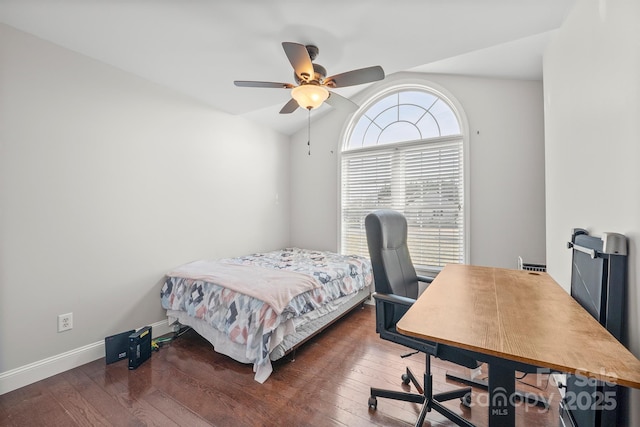 bedroom with lofted ceiling, dark wood-type flooring, and ceiling fan