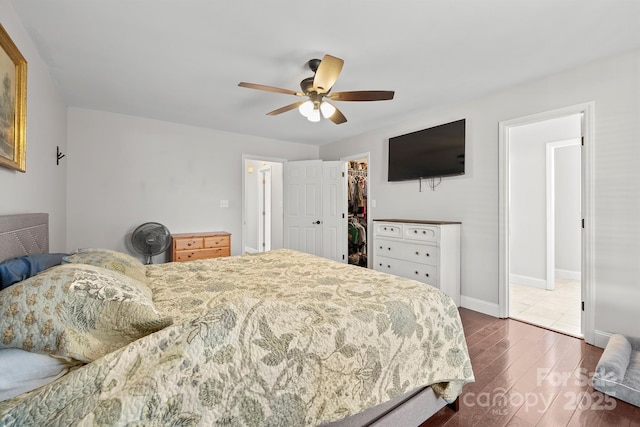 bedroom with ceiling fan, a walk in closet, wood-type flooring, and a closet