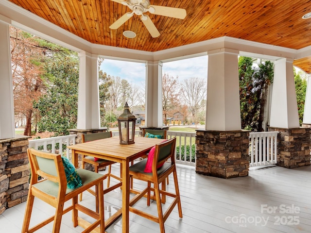 sunroom with wooden ceiling and ceiling fan