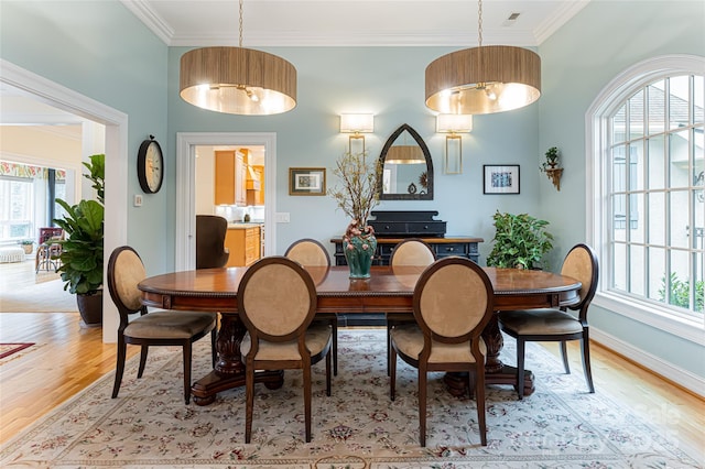 dining room with crown molding and light hardwood / wood-style flooring