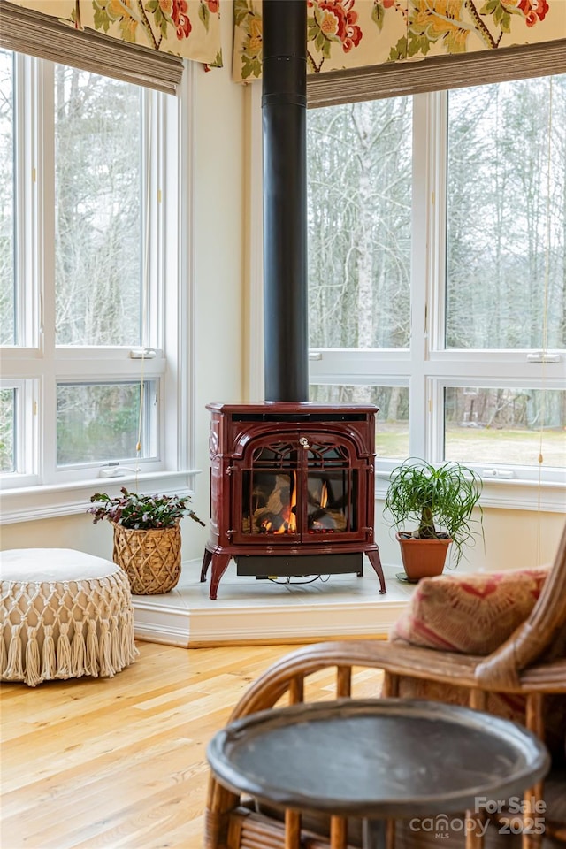 living area featuring a healthy amount of sunlight, hardwood / wood-style floors, and a wood stove