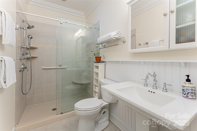 bathroom featuring sink, tile patterned flooring, an enclosed shower, ornamental molding, and toilet