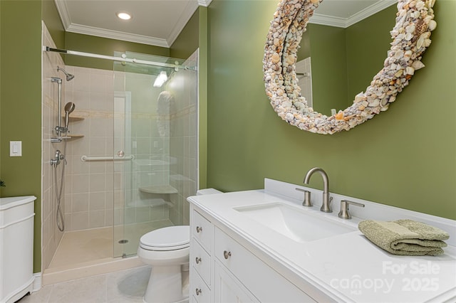 bathroom featuring tile patterned floors, toilet, an enclosed shower, crown molding, and vanity