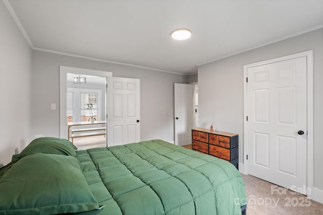 carpeted bedroom with crown molding