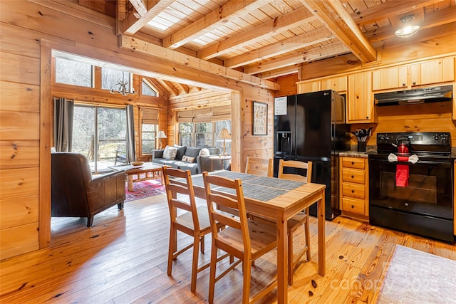 dining area with light wood finished floors, wood walls, beam ceiling, and wood ceiling