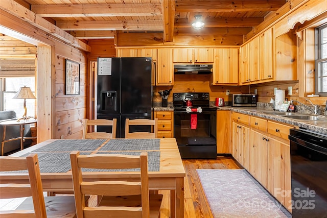 kitchen featuring black appliances, wood ceiling, ventilation hood, and a sink