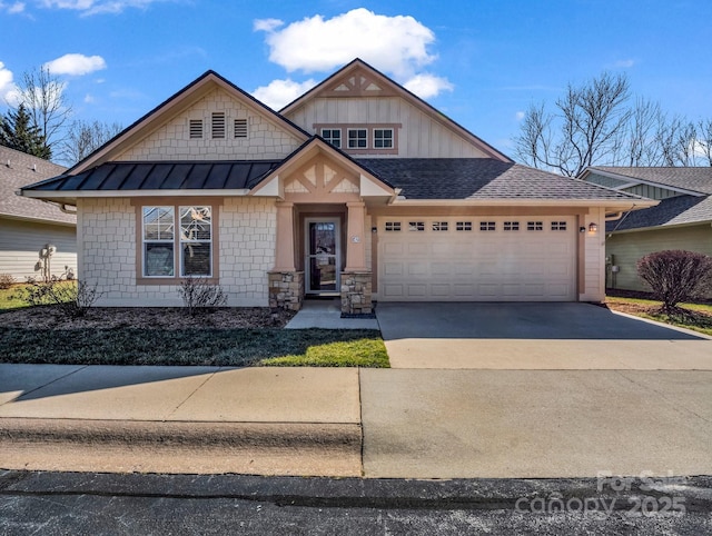 view of front of property featuring a standing seam roof, roof with shingles, concrete driveway, an attached garage, and metal roof