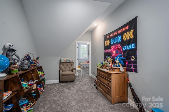 game room featuring light carpet and lofted ceiling