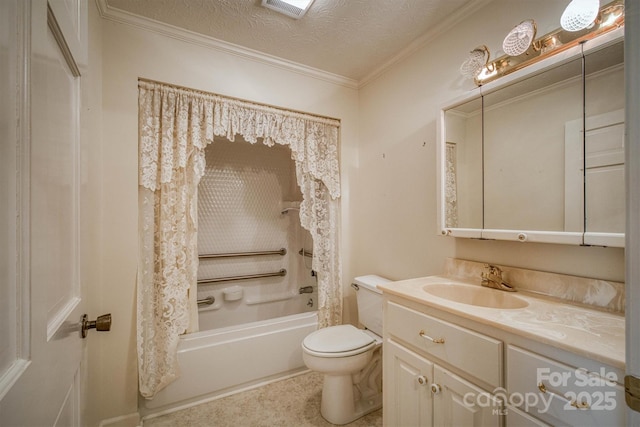 bathroom with vanity, crown molding, shower / bath combination with curtain, toilet, and a textured ceiling