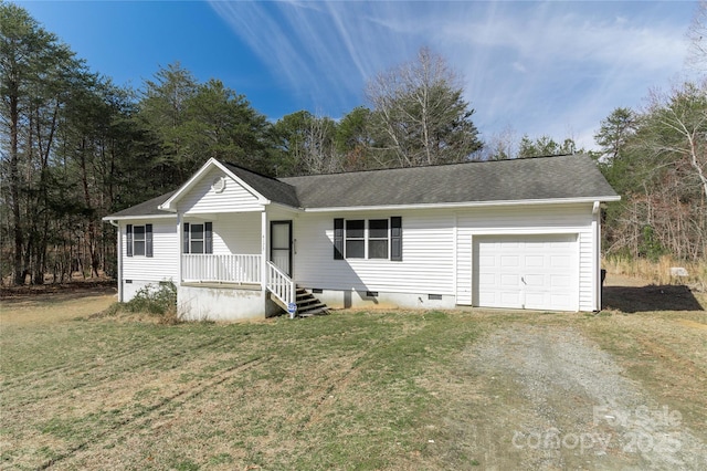 ranch-style house featuring a garage, a front yard, and a porch