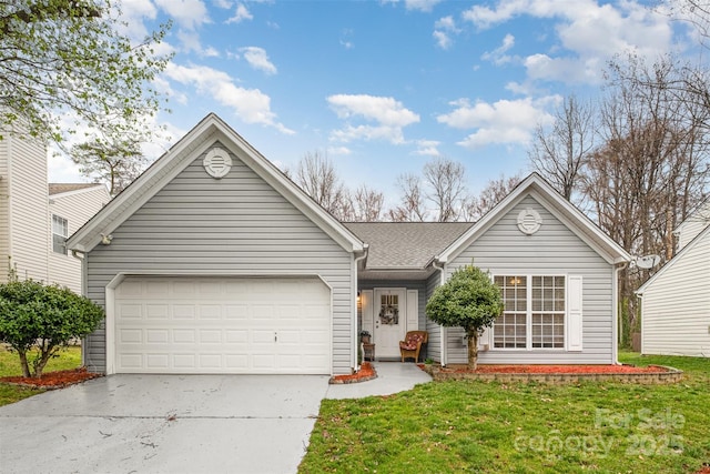 ranch-style house with a garage, a front yard, and driveway