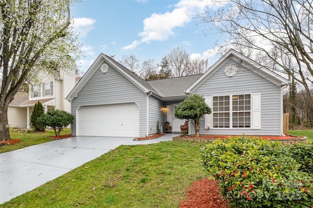 ranch-style home featuring driveway, a front lawn, and a garage