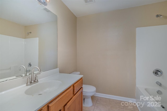 full bathroom with shower / bathtub combination, tile patterned floors, toilet, and vanity