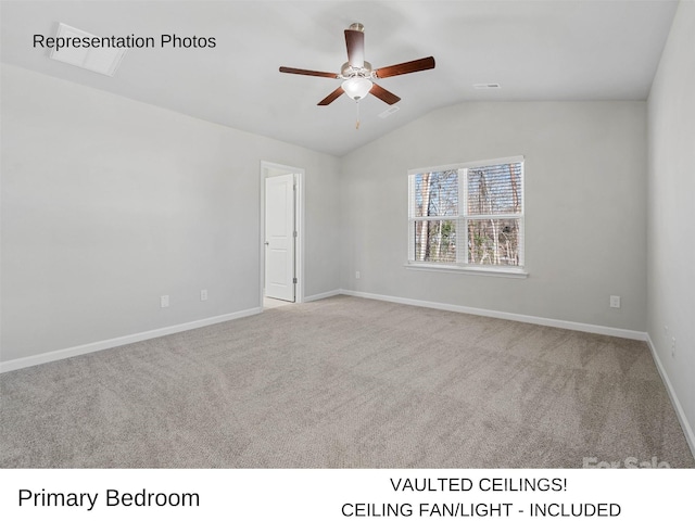 carpeted empty room with ceiling fan and vaulted ceiling