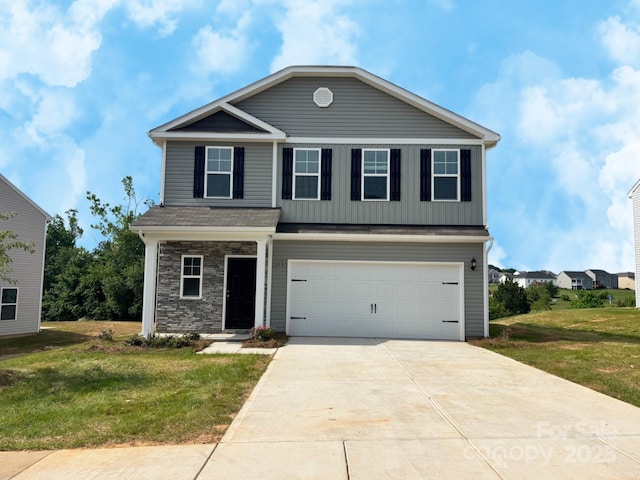 213 Lake George Dr, Shelby, NC 28152 - view of front of house featuring a garage, board and batten siding, a front yard, and concrete driveway