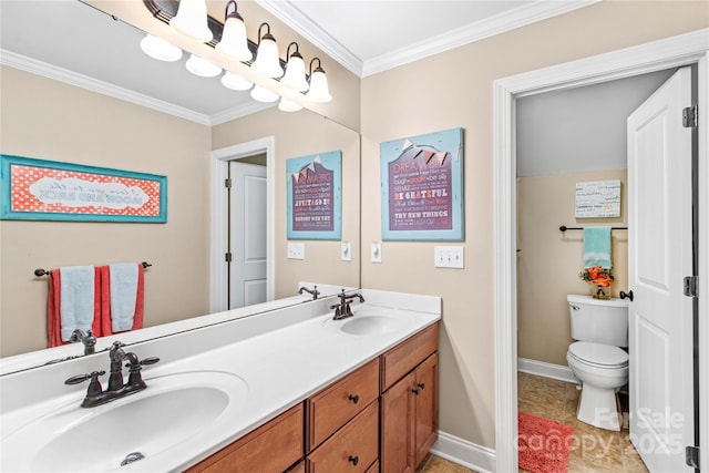 full bathroom with toilet, crown molding, double vanity, and a sink