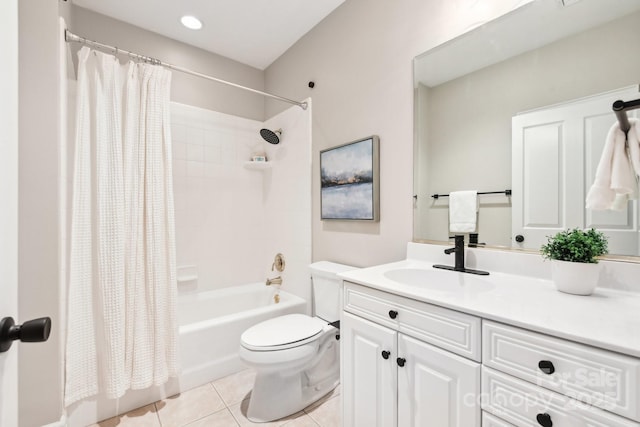 full bathroom featuring shower / tub combo with curtain, tile patterned floors, toilet, and vanity