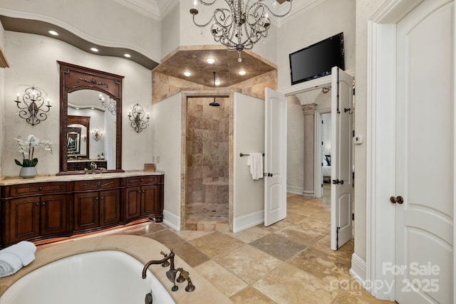2725 Windsor Rd, Winston Salem, NC 27104 - full bathroom featuring ornamental molding, a chandelier, a walk in shower, a towering ceiling, and baseboards