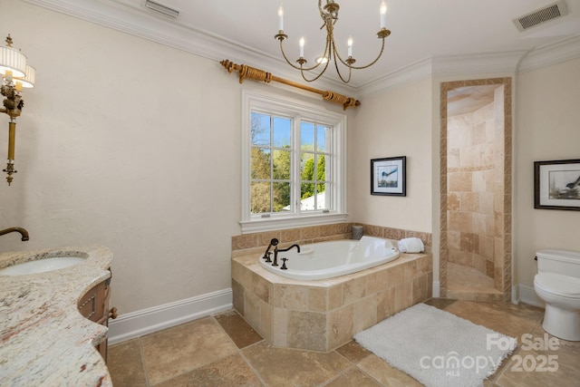 2725 Windsor Rd, Winston Salem, NC 27104 - full bath with toilet, a chandelier, tiled shower, a bath, and crown molding