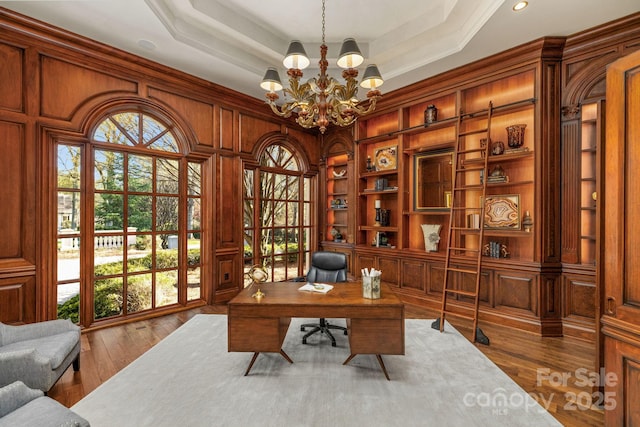 2725 Windsor Rd, Winston Salem, NC 27104 - office area with a chandelier, hardwood / wood-style floors, and a raised ceiling